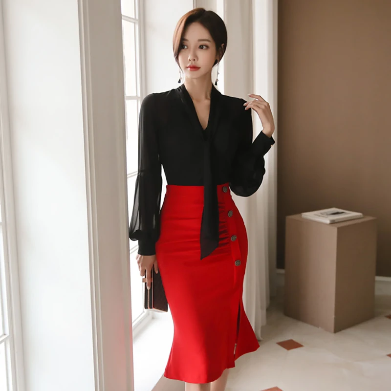 Split Red Skirt Fashion Ol Style Women Sets Elegant 2 Pieces Set V-neck  Lantern Sleeve Black Blouses u0026 Side High Quality - Skirts - AliExpress