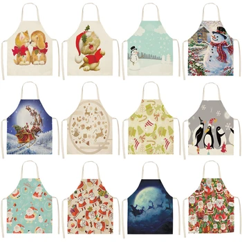 

1Pcs Christmas Santa Claus Printed Cleaning Aprons Home Cooking Kitchen Apron Cook Wear Cotton Linen Adult Bibs 53*65cm CM1010