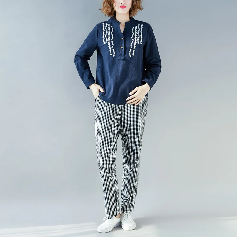 

2019 Spring New Style Large Size Dress Literature And Art Embroidered Cotton Linen Tops T-shirt Harem Pants Fashion Leisure Suit