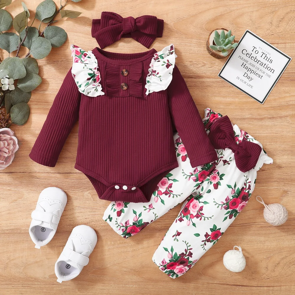 Newborn Girl Clothes Set Ruffle Patchwork Baby Clothes Toddler Outfits Baby Bodysuit + Bow Pants + Headband Infant Kids Clothing baby dress and set