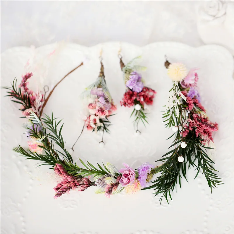 

Korean Style MORI Series Bride xian mei Handmade Garland Sweet Headdress Earrings Dried Flower Hair Accessories Marriage Photo S