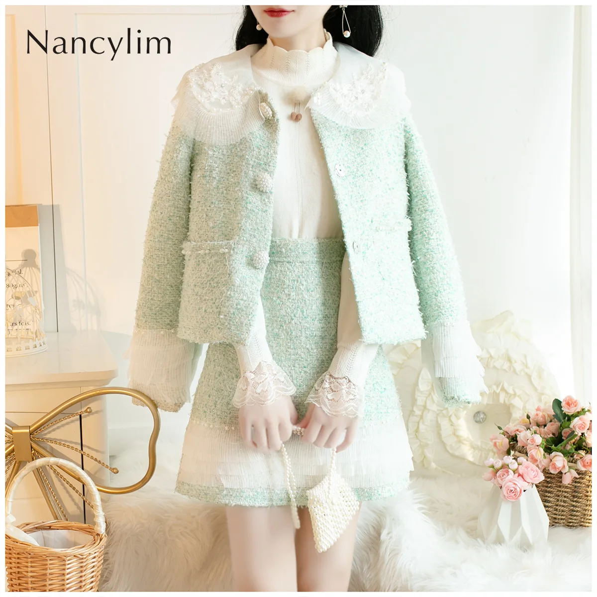 

Doll Collar Beaded Chiffon Splicing Woolen Jacket + Short Skirt Two Piece Set Womens Sets Goddess Vestidos Conjuntos De Mujer