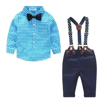 

Vintage Clothes Set Baby Kids Boys Soft Plaid Printing Button Lapel Long Sleeve Cotton Comfortable Tees Suspenders Pants