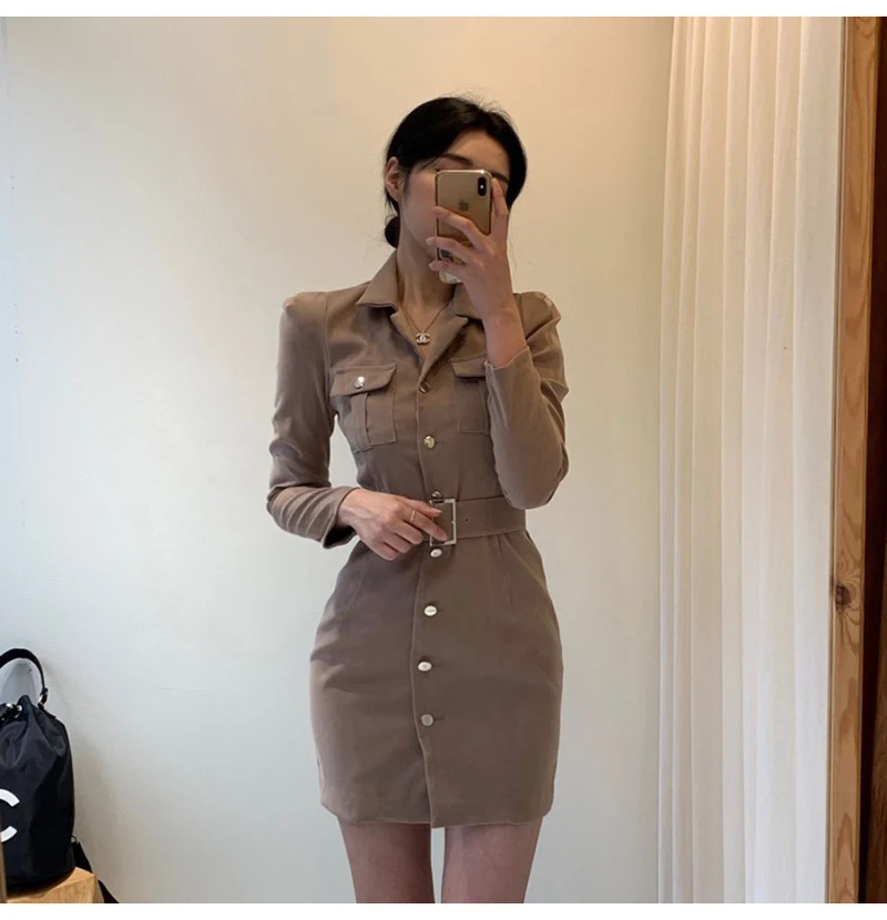 Trytree Autumn Winter Women Casual Dress Turn-down Collar Single Breasted Pockets Belt 5 Colour Slim fit Fashion Mini Dress