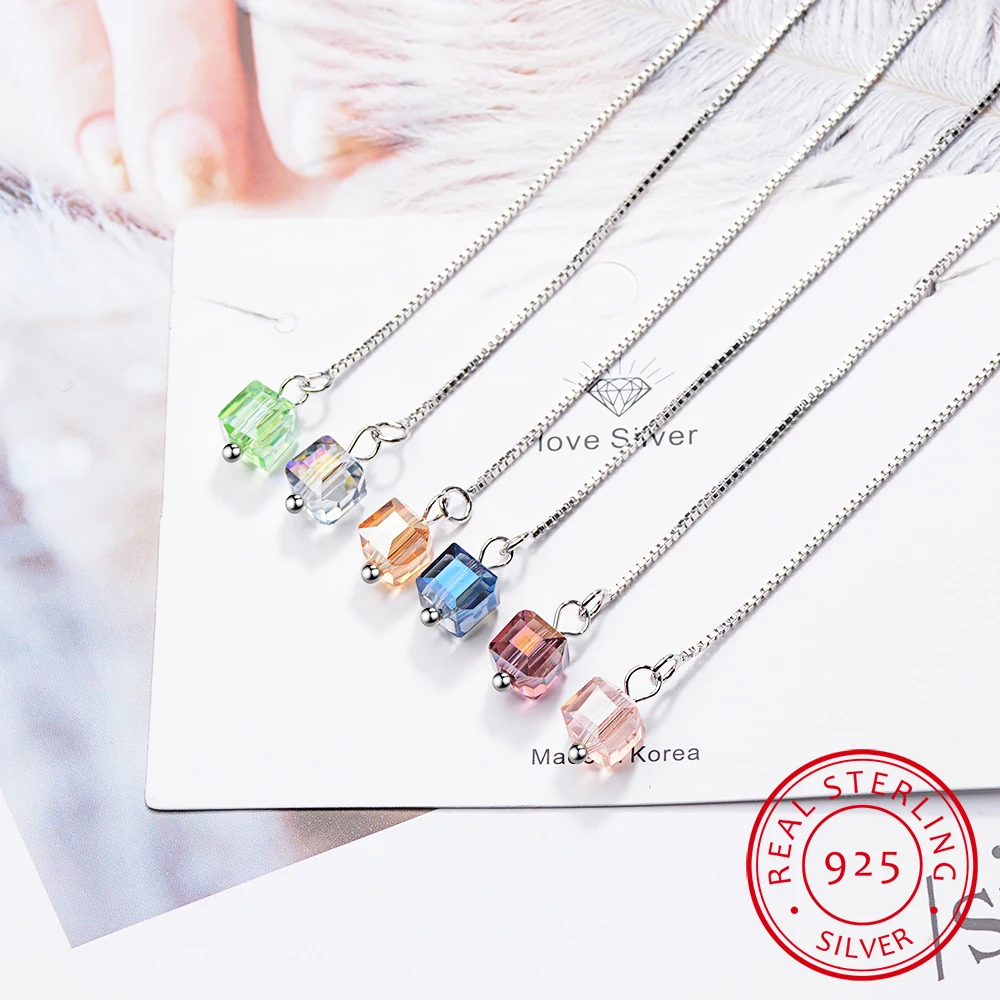 Ol стиль Кристаллы от Swarovski длинной линии цепи падение модные серьги с подвесками ювелирный Куб серебро для