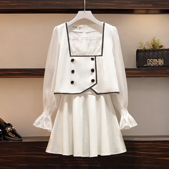 

plus size set 2020 Summer Women Two Piece Set Casual Square Collar Patchwork Flare Sleeve Top + Skirt Solid Mini 2 Piece Set