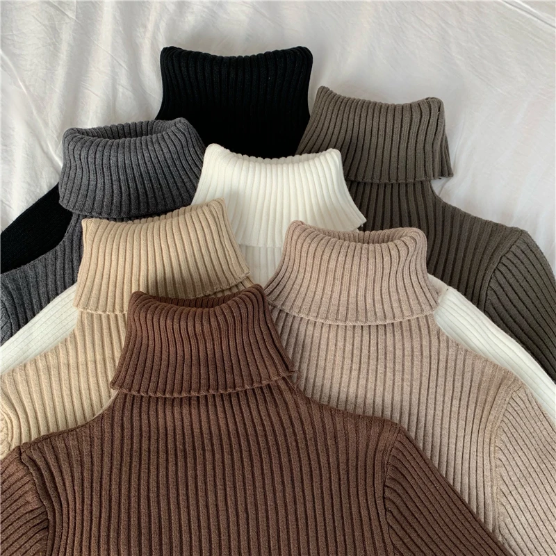 PULL,Pull tricoté à col roulé pour femmes, Pull basique, côtelé, fin, élastique avec trou au