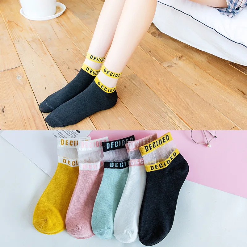

Summer Transparent Letter Patterned Socks Women Hollow Out Cotton Short Socks Thin Casual Ankle Socks Female Comfort Socks