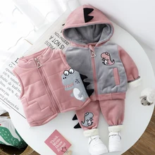 Зимняя жилетка для маленьких девочек; комплекты одежды с рисунком динозавра из мультфильма; теплая куртка с капюшоном для маленьких мальчиков; комплект из 3 предметов для детей 1, 2, 3, 4 лет