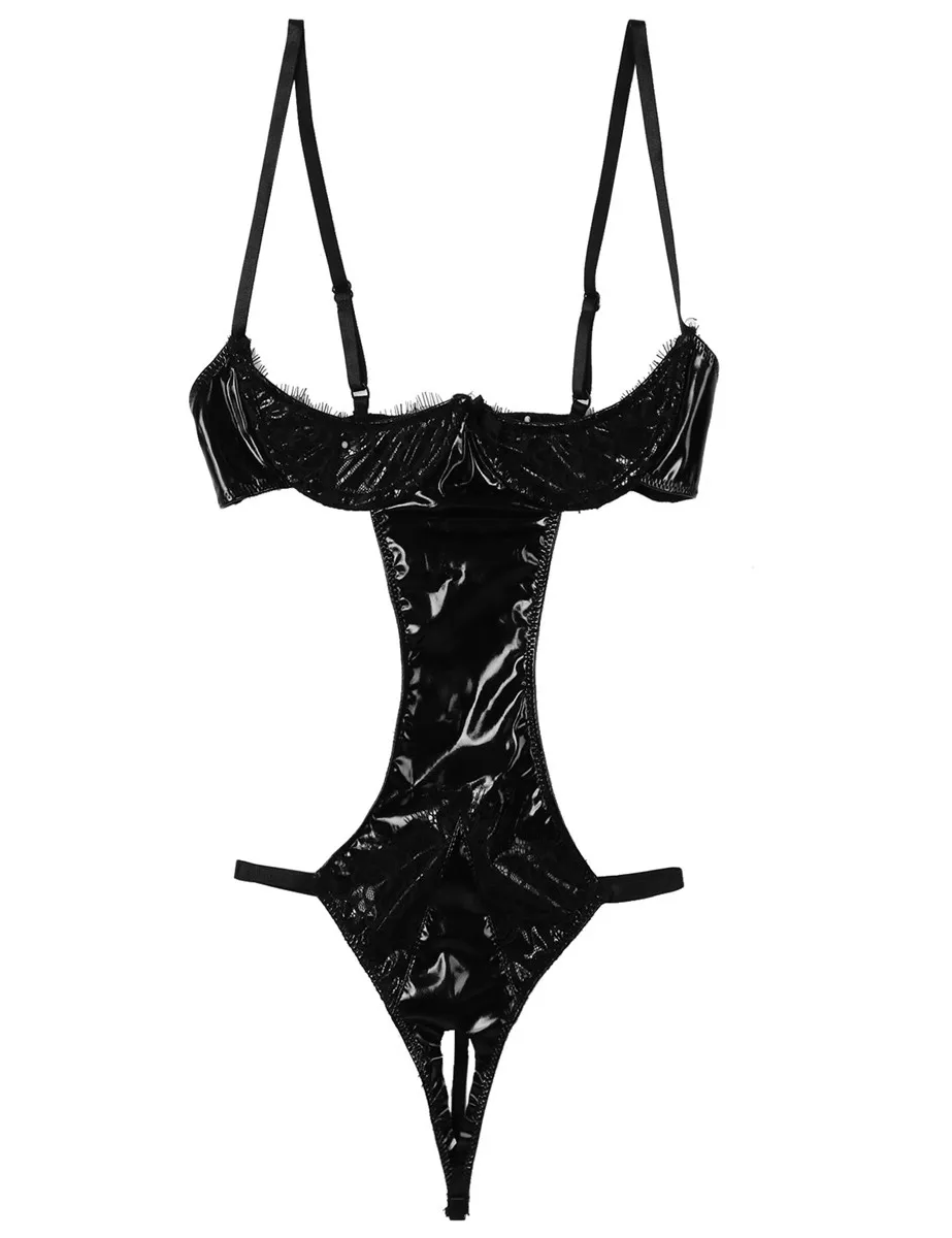 Женское Эротическое слитное боди с мокрым внешним видом открытой соской 1/4 на