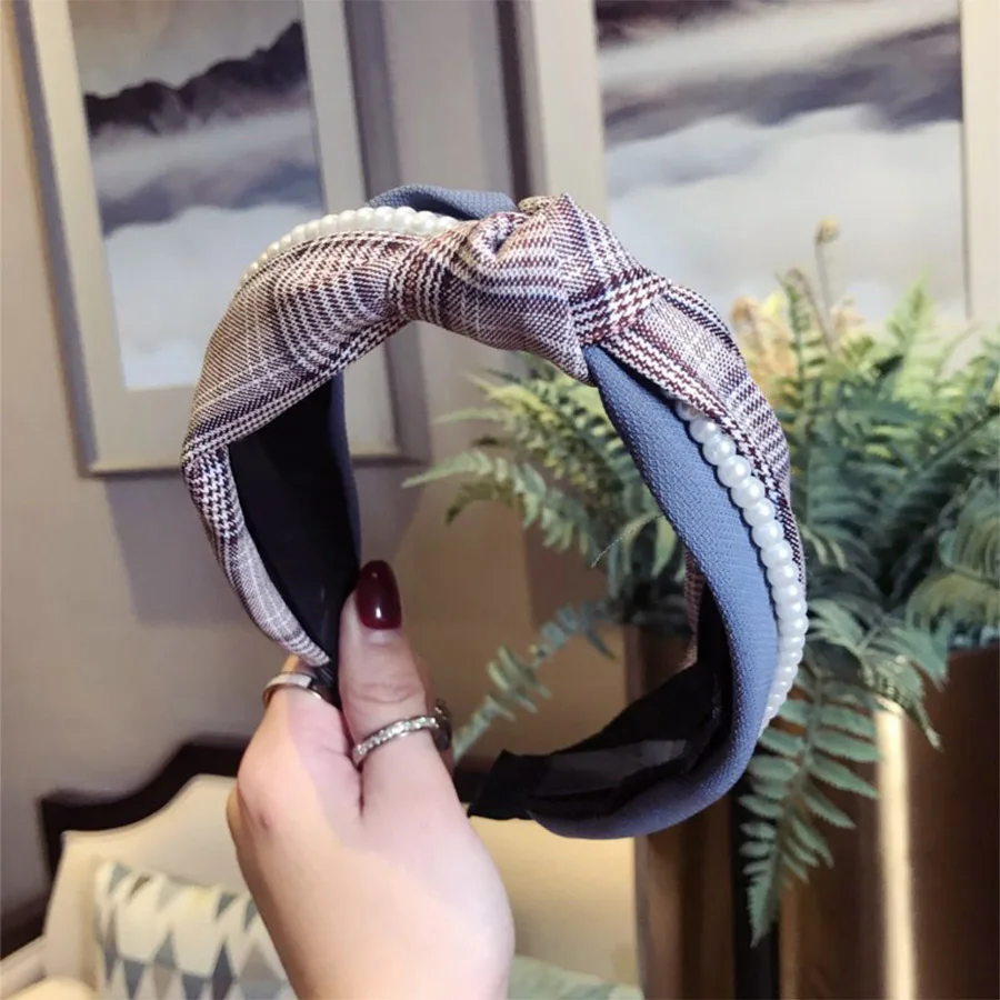 Haimeikang Fashion Plaid Headband Stitching Pearl Chain Bezel Head Hoop Cross Knotting New Wide-brimmed Hair Accessories - Цвет: Королевский синий