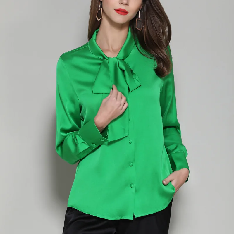 Женская Повседневная рубашка из натурального шелка с бантом на пуговицах