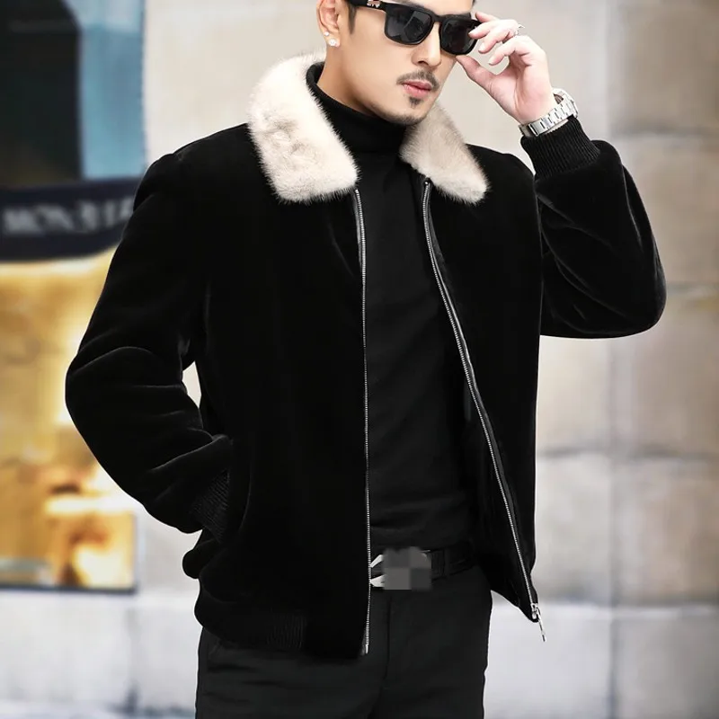 sheepskin aviator jacket Winter Mens New Mink Fur Collar Wool Cashmere Coat Genuine Leather Jackets Slim Short Casual Fur Down Jackets British Style men's genuine leather blazers