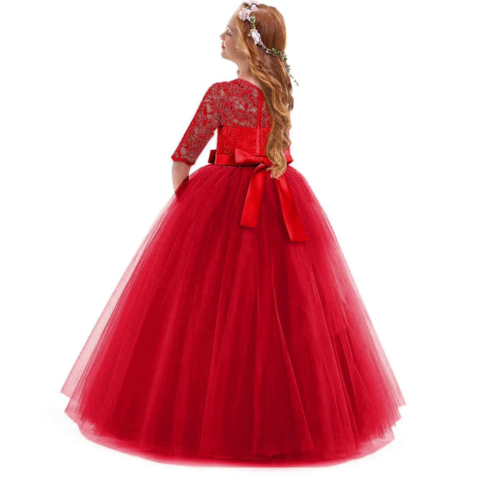 Kids Lace Dress Child Girls Lace Bowknot Princess Wedding Flower Girl