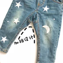 Мужские и женские детские джинсы с вышивкой в виде звезд и луны, потертые и плотные штаны с эластичной резинкой