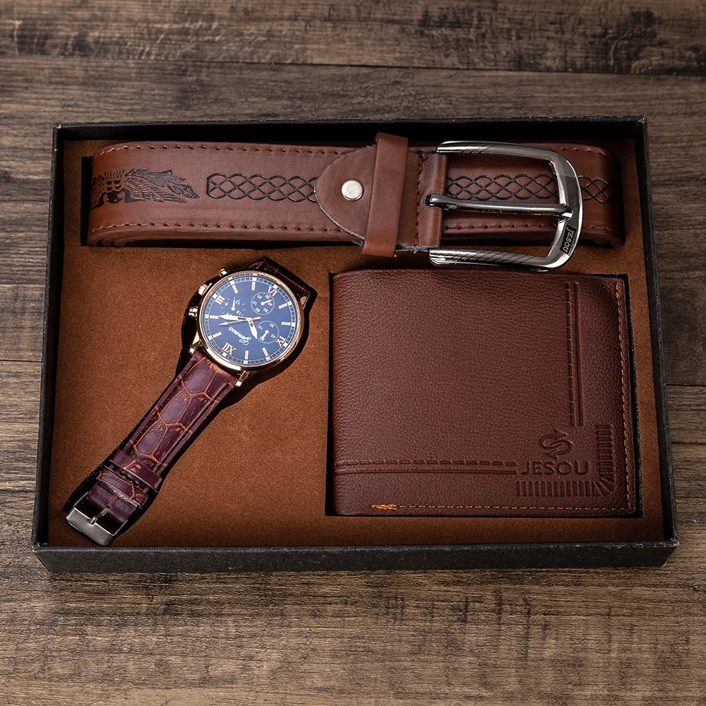 

Men's Gift Set Beautifully Packed Watch+Wallet Belt Set 3Pcs Creative Combination Set Quartz-watch Relogio Masculino
