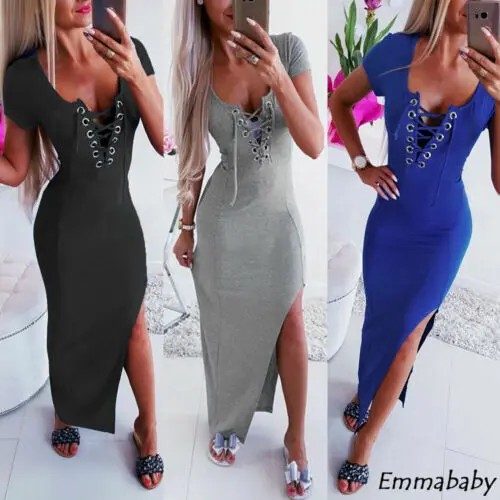 

Womens Boho Bandage Long Maxi Short Sleeve Bodycon Dress Summer Beach Evening Party Split Leg Sundress