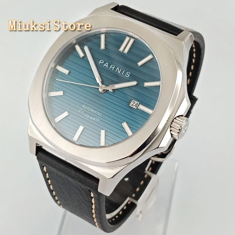 

43mm PARNIS men's top luxury mechanical watches blue dial Sapphire glass date leather 21 jewels Miyota automatic watch 2713