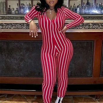 

Women's Autumn Bodycon Jumpsuit New Sexy V-neck Striped Leotard Playsuit Female Long Sleeves Trousers Long Slim Rompers Hot Sale