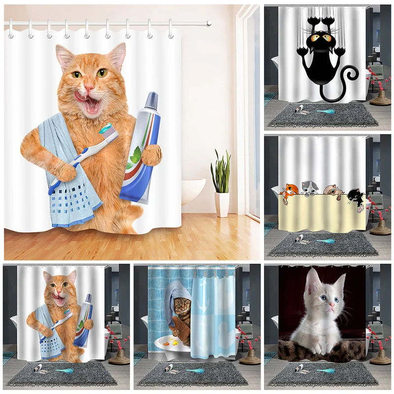 

Cute Cat Printed Waterproof Bath Shower Curtain Polyester Fabric Curtains Home Bathroom Curtain with 12 Hooks Shower Curtains