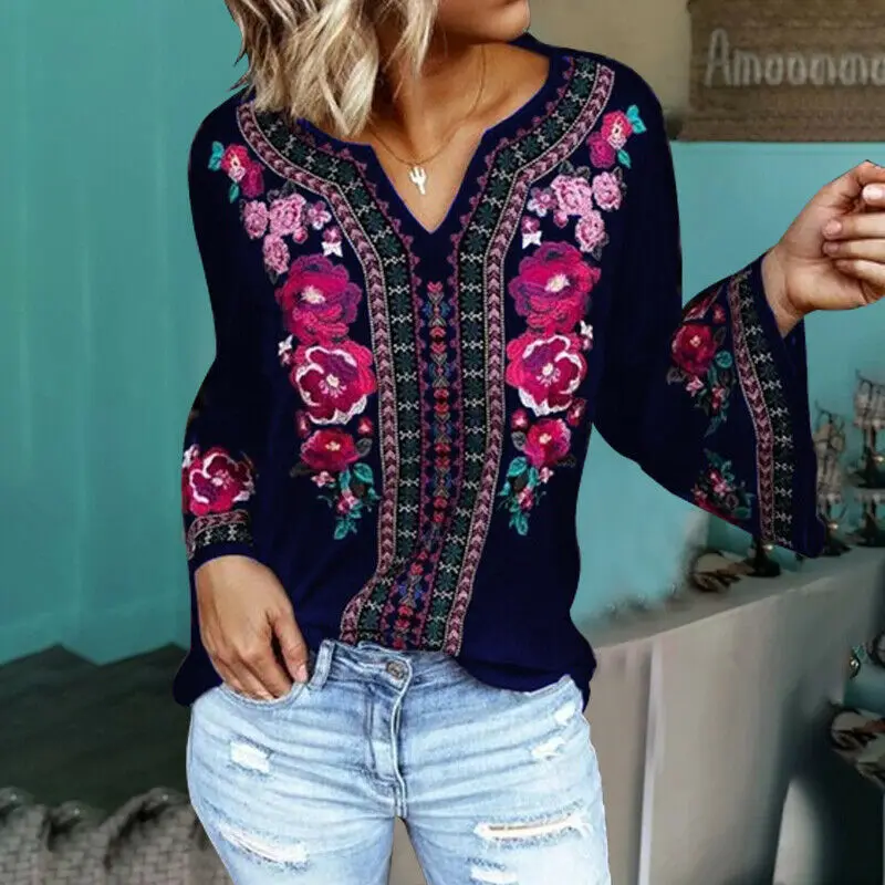 Womens Lady Blouses Floral Printed Oversized Long Sleeve Casual Blouse Baggy Shirt Top Women Blouses Top Loose Shirt Tee Shirts