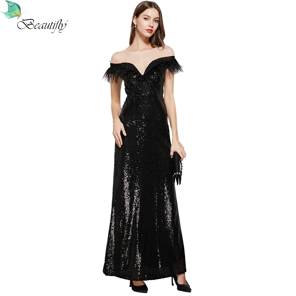 Макси элегантный блесток модное черное платье, украшенное перьями для выпускного вечера вечерние длинные-Длина платья