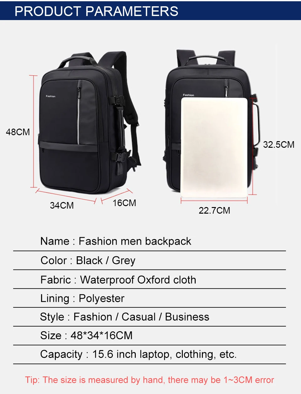 Fashion Laptop Bags Business Men Backpack 15.6 Inch Notebook Travel USB Charging Waterproof Backpacking Male Women Smart Bagpack (2)