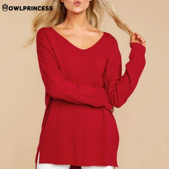 

Daily suit OWLPRINCESS V Neck Long Sleeve Shirt Women Solid Casual Loose Woman T-shirt Autumn Long Tops Femme Free Shiping