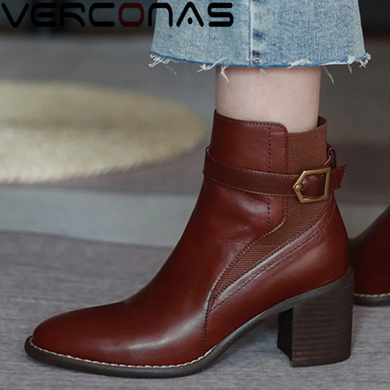 Женские ботильоны в стиле ретро VERCONAS черные теплые ботинки из коровьей кожи