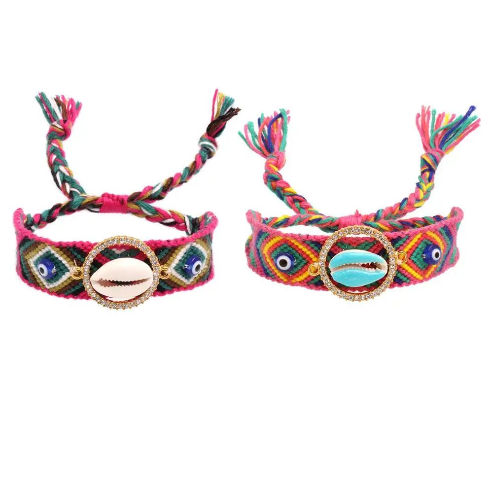 Boho Каури Seashell Круглый Круг сверкающий кристалл Регулируемый тканый браслет