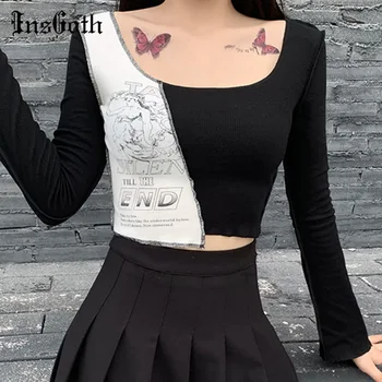 

InsGoth Female Streetwear Autumn Black White Tops Harajuku Fun Print Long Sleeve Crop Tops Gothic Punk Chic Sexy Bodycon T Shirt