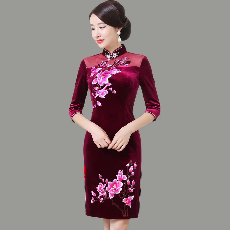 Традиционное Восточное китайское платье леди вышивка цветок Qipao платья рубашка с коротким рукавом Vestidos китайский женский халат со стоячим воротником, с цветочным принтом