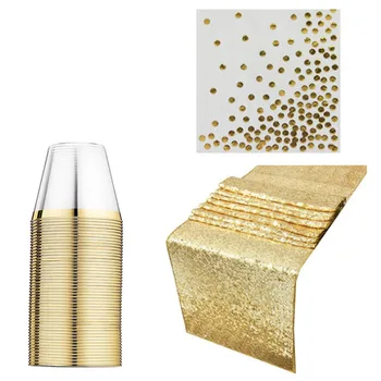 

Gold Disposable Table Supplies Paper Towels Tablecloth Wine Glasses Party Camping Decoration Supplies