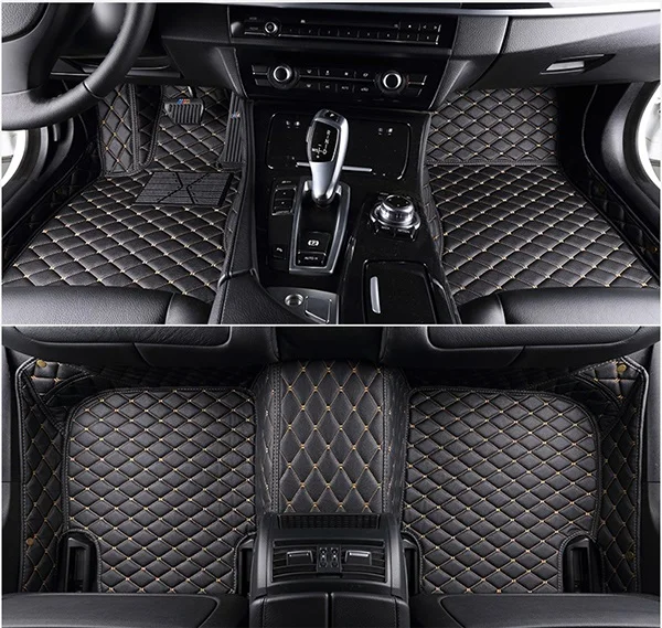 Флэш-память коврик кожаные автомобильные коврики для Audi Q7 7 великолепных чехлов для сидений 2006- Пользовательские Авто тормозные колодки автомобильного ковролина чехлы - Название цвета: Black and beige line