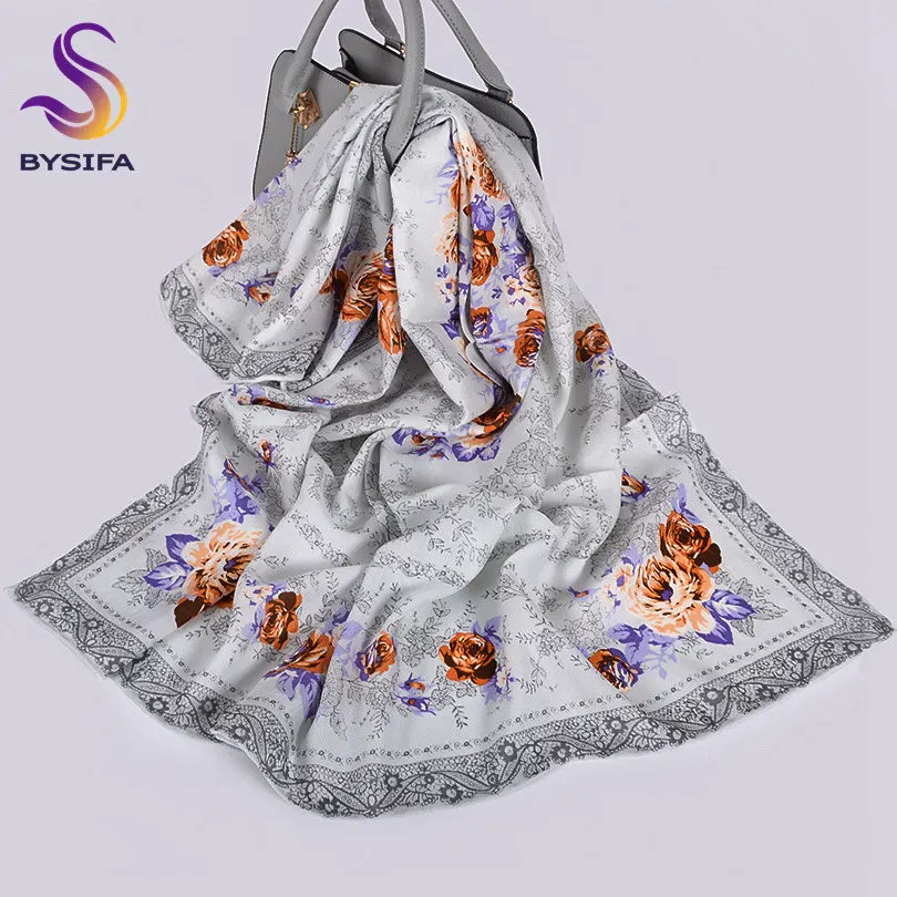 [BYSIFA] Зимние женские кашемировые шелковые шарфы Hijabs новые китайские розы розовый квадратный шарф, платок осенний женский шейный платок - Цвет: grey