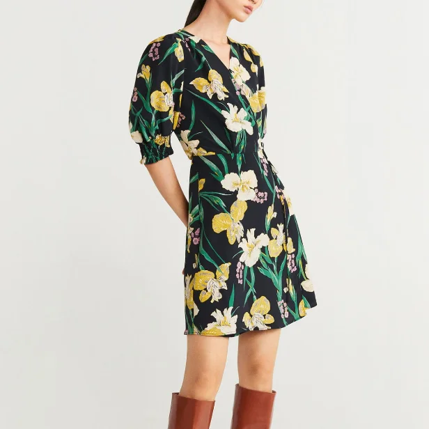 

2019 Autumn The New Floral Print Puff Sleeve Women Dress V-Neck Five-point Sleeve French Elegant Office Lady Mini Dress
