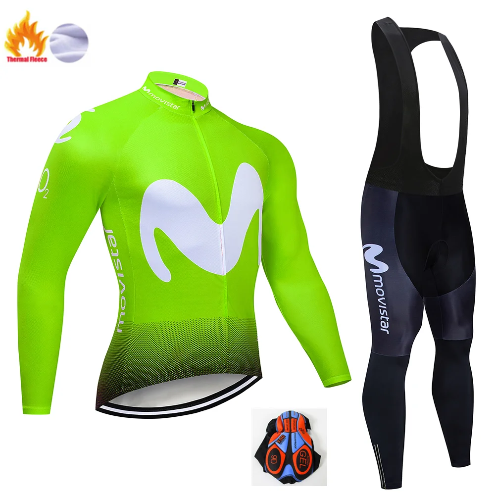 Флуоресцентный зеленый Movistar Team зимний термальный флис Джерси MTB Велоспорт нагрудник брюки комплект теплая куртка Одежда дорожный велосипед одежда - Цвет: Winter Cycling Suit
