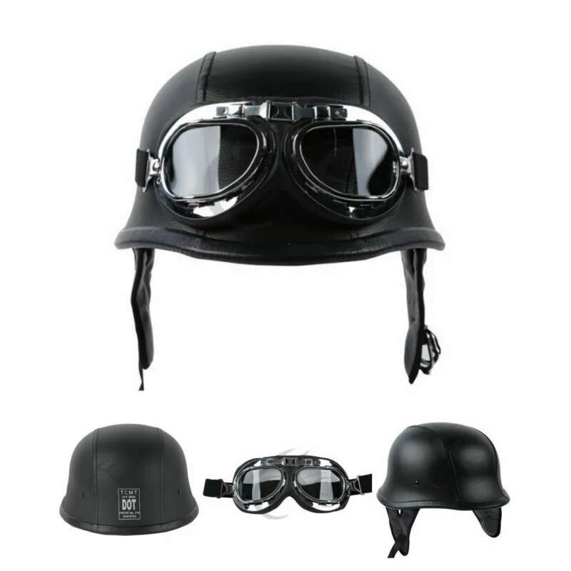 DOT German Black Leather Motorcycle Half Face Helmet Biker Pilot Goggles XL Size