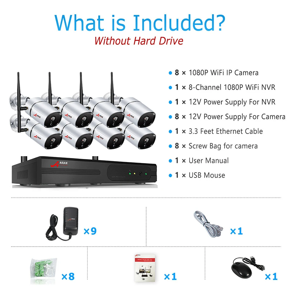 Беспроводная IP камера ANRAN H.265 P2P 8 каналов 1080P HDMI wi fi NVR 3 ТБ HDD 36 ик мп|cctv recorder|system