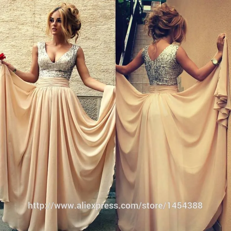 Vestidos de Renda vestidos de gala, сексуальные платья цвета шампанского с блестками, глубокий v-образный вырез, длинные платья для выпускного вечера, женские вечерние платья из шифона
