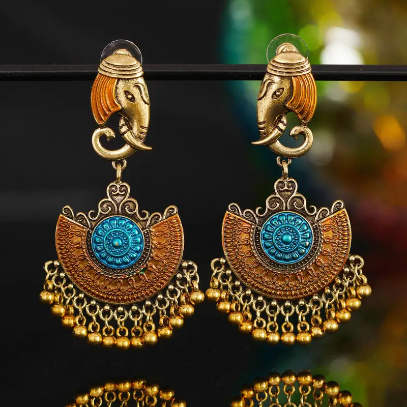Индийские Jhumka серьги «Слоник» цыганские ювелирные изделия в стиле ретро этнические бусины в античном стиле висячие серьги с кисточками для женщин богемный подарок - Окраска металла: E orange blue