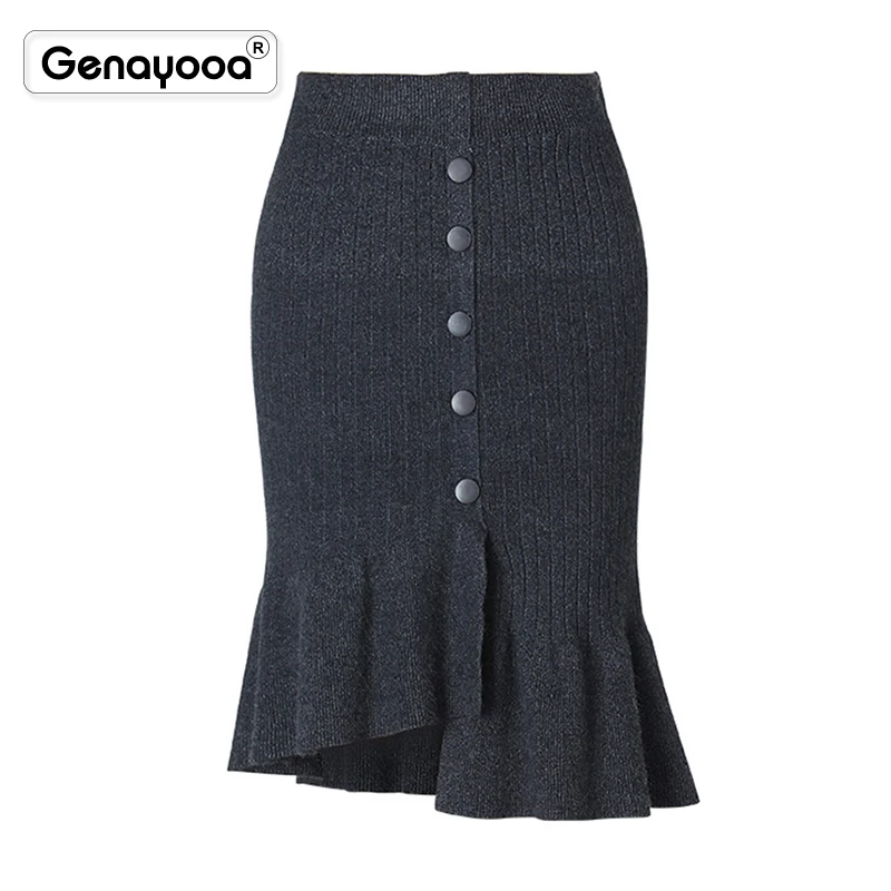 

Genayooa Office Lady Mermaid Skirts For Women Knitted Vintage Bodycon Midi Skirt High Waist Elastic Pencil Skirts Womens Winter