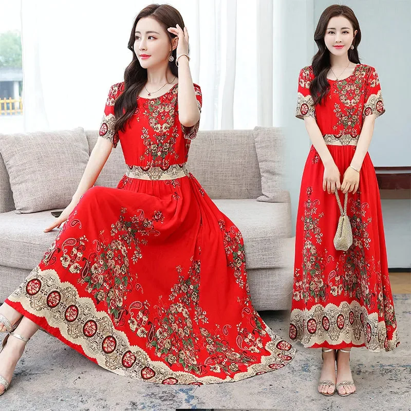 

Plus Size Cotton Silk Print Women Dress Summer New Fashion O-Neck Casual Dresses Female Beach Style Big Swing Long Dresses
