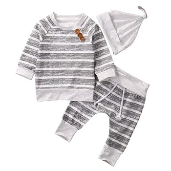 

Toddler Newborn Baby Clothing Set Striped Top Print Pant Girl Boy Tops Pants Leggings Hats 3pcs Outfits Clothes Infant Clothing
