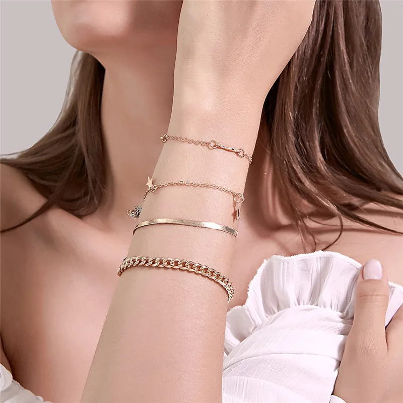 

VAGZEB punk Curb Cuban Chain Bracelets Set for Women Miami Boho Thick Gold Color Charm Bracelets Bangles Fashion Jewelry