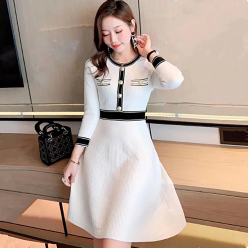 

Hepburn Retro New Striped Patchwork Black Knitted Dress Women Spring Fall Elegant O-neck High Waist Slim A-line Mini Dress