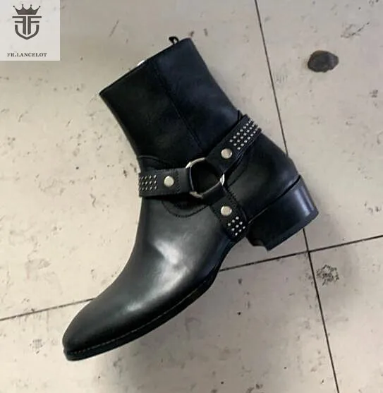 

Men Chelsea Boots Black Genuine Leather Cross Buckle Ankle Boots Flats Side Zipper big size 45 46 for shoes man