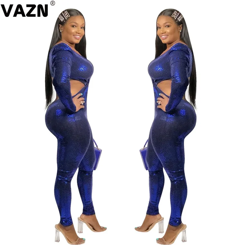 VAZN продукт весенний сексуальный женский синий длинный комбинезон полный рукав глубокий v-образный вырез открытая талия комбинезон slivers светильник комбинезон