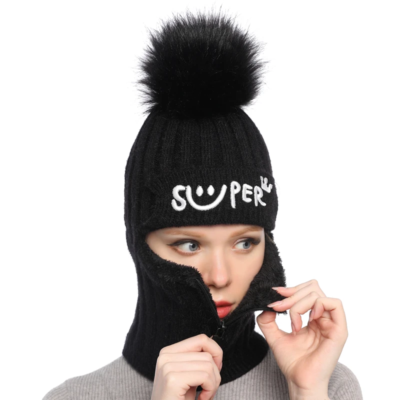 

Winter New Knitted Hat Lady Wool Cap Mask Heating and Thickening of Cycling Neck Cap