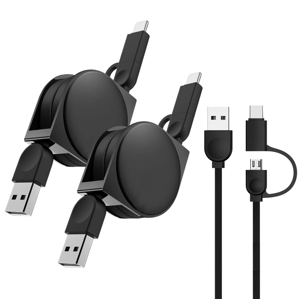 2 in 1 Micro USB+Type C Port Shrinking Cable for Samsung Xiaomi Huawei Retractable USB Charging Cable Portable USB C Data Cabo